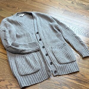 Thakoon Wool Blend Gray Ribbed Cardigan with Cable Sleeves, S